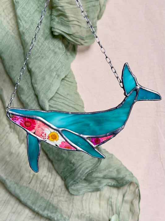 Whale with Dried Flowers Stained Glass