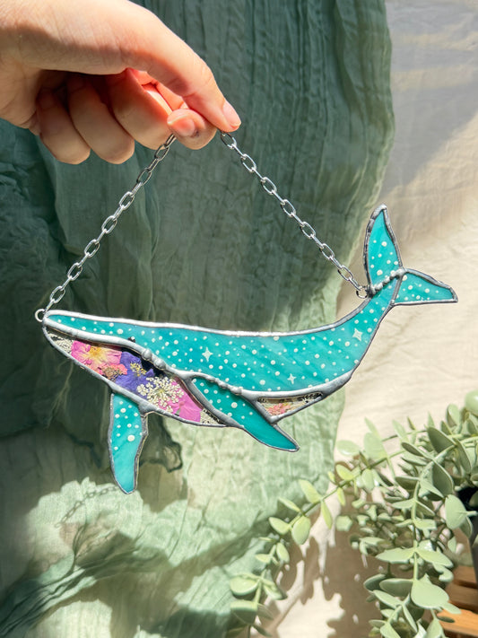 Whale with Dried Flowers Stained Glass