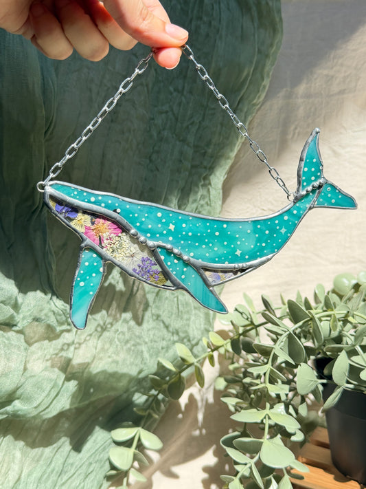 Whale with Dried Flowers Stained Glass