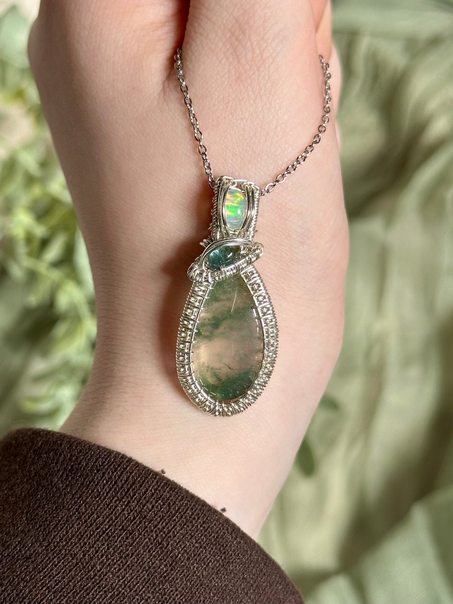 Moss Agate, Tourmaline & Opal Pendant