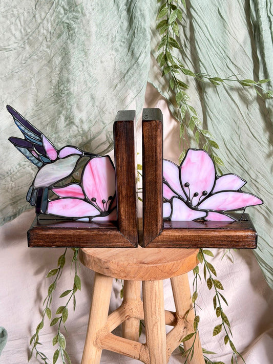 Hummingbird & Lilies Stained Glass Bookends