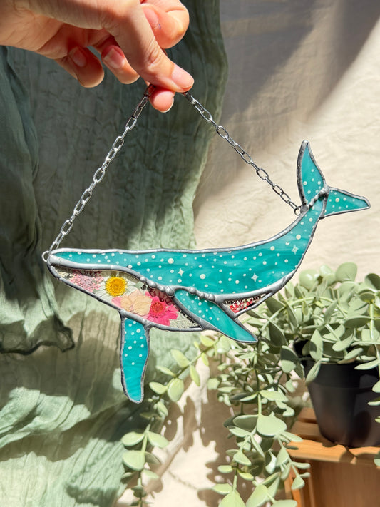 Whale with Dried Flowers Stained Glass