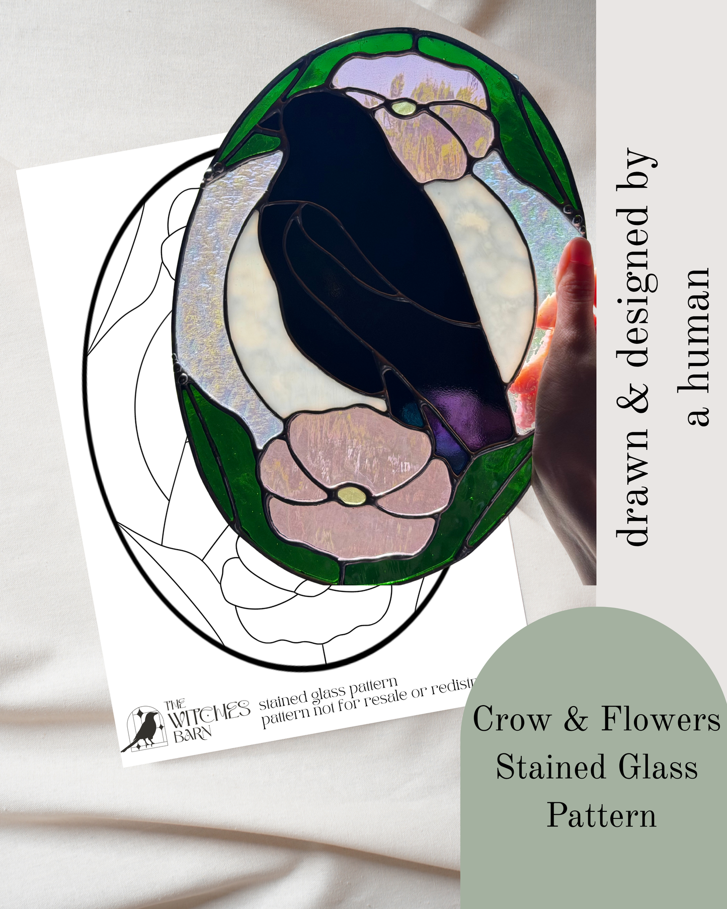 Crow & Flowers Stained Glass Digital Pattern