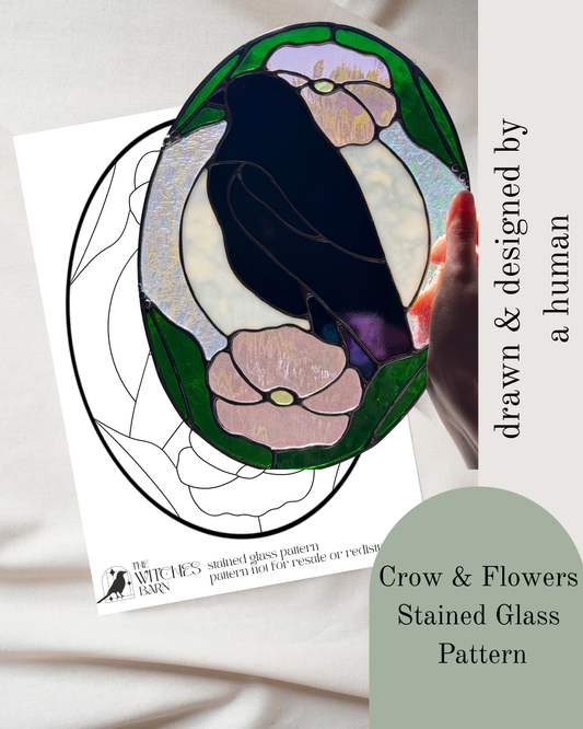 Crow & Flowers Stained Glass Digital Pattern